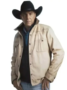 Men’s rugged western-style leather jacket with a traditional shirt-style collar and snap-button front.
