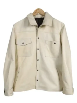 Front view of a tailored leather jacket showcasing multiple utility chest pockets and a secure front closure.