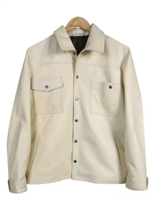 Front view of a tailored leather jacket showcasing multiple utility chest pockets and a secure front closure.
