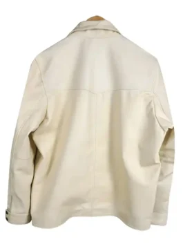 Character-inspired men’s leather jacket with a clean-cut hem and professional western tailoring.
