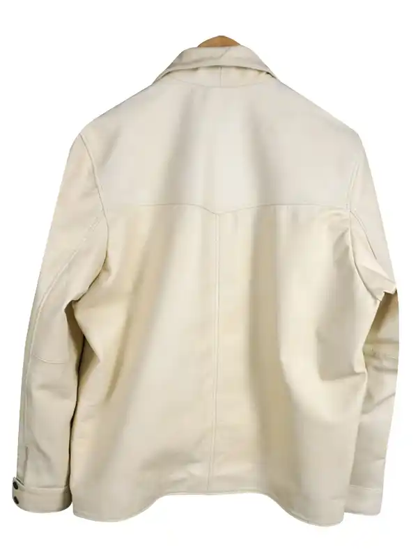 Character-inspired men’s leather jacket with a clean-cut hem and professional western tailoring.