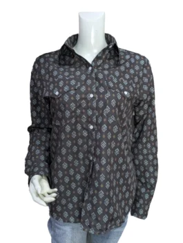 Front view of the Beth Dutton Yellowstone Season 5 printed button-up shirt on a mannequin, featuring a dark brown fabric with a white and orange geometric print, a classic collar, and two flap chest pockets.