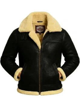 Front view of a men's B3 bomber jacket in premium black sheepskin leather with a thick, off-white cream shearling collar and lining.