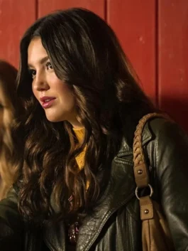 Women's long olive green leather trench coat with a structured collar and button-down front.