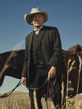 Harrison Ford as Jacob Dutton wearing a black tweed blazer, matching vest, and cowboy hat while holding horse reins