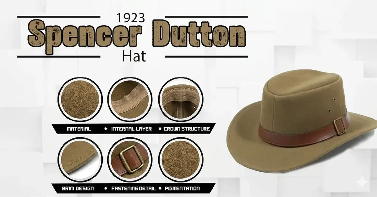 1923 Spencer Dutton Hat in brown wool felt featuring a leather band with a brass buckle closure, showcasing detailed close-ups of material texture, crown structure, and brim design.