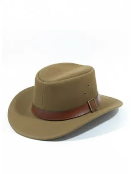 Side profile of a suede 1923 spencer dutton hat featuring ventilation eyelets and a buckled leather band, a classic style of 1923 hats.