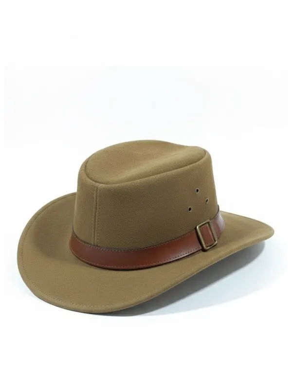 Side profile of a suede 1923 spencer dutton hat featuring ventilation eyelets and a buckled leather band, a classic style of 1923 hats.