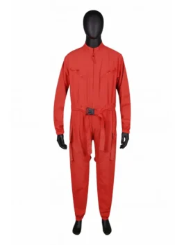 Front view of the rihanna super bowl red jumpsuit cosplay on a black mannequin, an iconic red jumpsuit.
