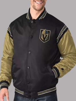 Rear view of a satin varsity jacket with rib-knitted collar and cuffs and team graphic details.