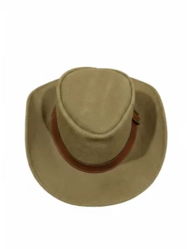 Top down view of the rugged spencer dutton hat from 1923, showing the tan suede texture and leather band of these iconic 1923 hats