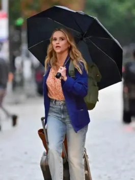 Reese Witherspoon inspired Debbie Your Place Or Mine Blue Jacket worn over a casual outfit.