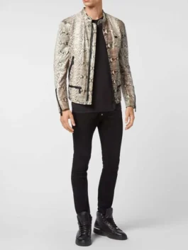 Men’s exotic snakeskin print leather biker jacket with black zipper detailing.