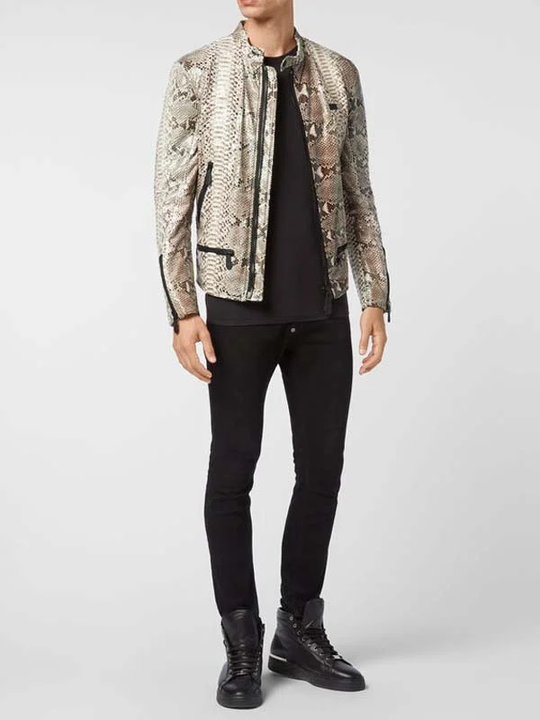 Men’s exotic snakeskin print leather biker jacket with black zipper detailing.