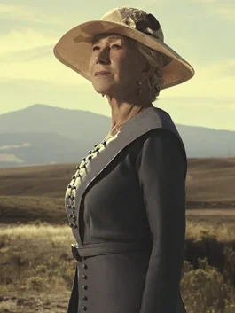Front view of the floor-length grey cotton 1923 Cara Dutton Coat with button details