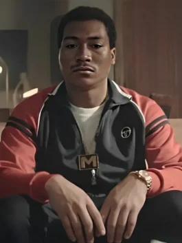 Close-up of a high-quality athletic track jacket inspired by 1980s crime drama fashion.