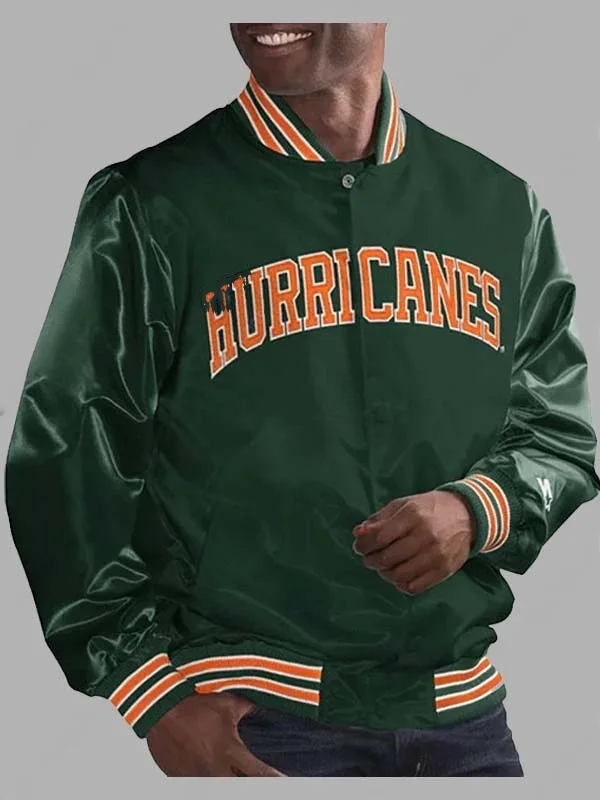 Back view of the Varsity Green & Orange Miami Hurricanes Starter Jacket featuring the iconic bird mascot embroidery.