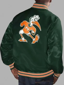 Detailed shot of the striped ribbed collar and cuffs on the Varsity Green & Orange Miami Hurricanes Starter Jacket.