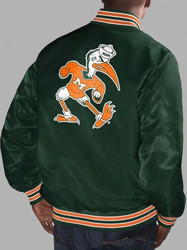 Detailed shot of the striped ribbed collar and cuffs on the Varsity Green & Orange Miami Hurricanes Starter Jacket.