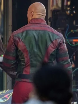 Callum Drift inspired tactical leather jacket in vibrant red and forest green with utility pockets.