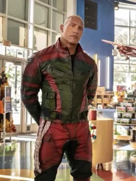 Detailed view of the Callum Drift red and green leather jacket from the 2023 movie Red One.