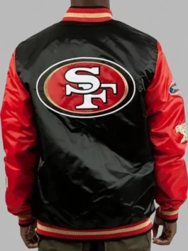 Detailed view of red sleeves and black bodice on a premium patches jacket
