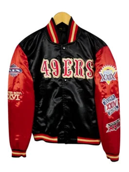 Satin-finish sports jacket featuring large chest lettering and ribbed collar