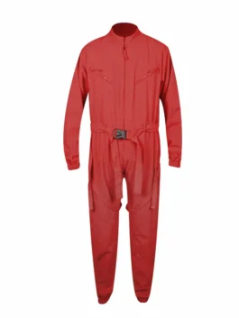 Red jumpsuit rihanna Super Bowl costume. Front view of the red jumpsuit with a belt.