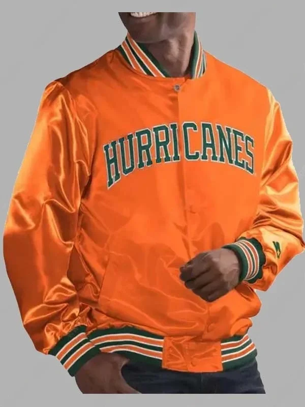 Front view of the Varsity Orange Miami Hurricanes Starter Jacket featuring bold arched team lettering across the chest.