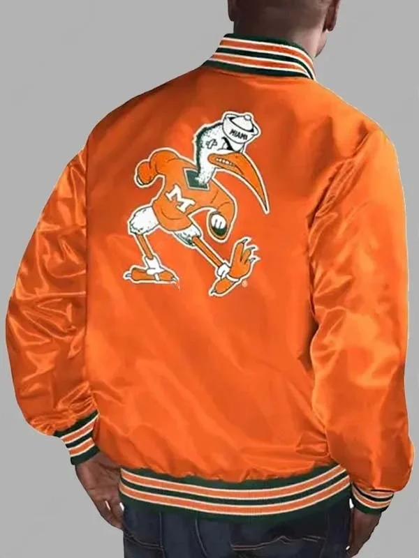 Close-up of the snap-button front and striped varsity collar on the Varsity Orange Miami Hurricanes Starter Jacket.