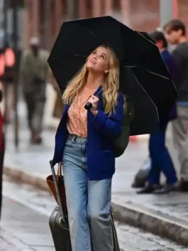 Close-up of the Debbie Your Place Or Mine Reese Witherspoon Blue Jacket featuring button details.