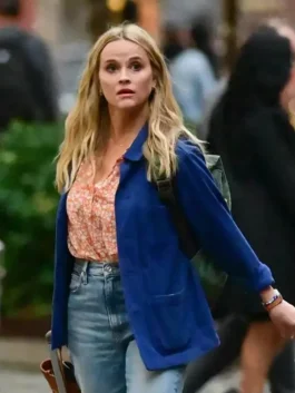 Debbie Your Place Or Mine Reese Witherspoon Blue Jacket in a classic denim style.