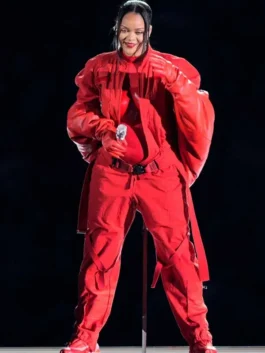 Rihanna super bowl costume in the red jumpsuit performance look from the halftime show.