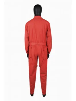 Back of the rihanna super bowl red jumpsuit full set on a black mannequin for super bowl rihanna red jumpsuit fashion.