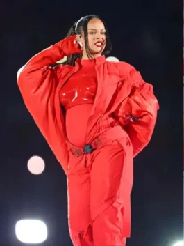 Rihanna super bowl red jumpsuit performance pose, wearing the layered red jumpsuit and jacket.