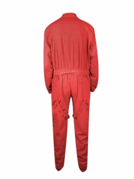 Back view of the super bowl 2023 rihanna red outfit jumpsuit. Rihanna jumpsuit with straps detail.