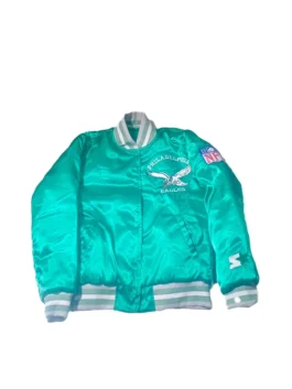 Close-up of the ribbed collar and embroidered eagle emblem on the 90’s Philadelphia Eagles Green Bomber Jacket.