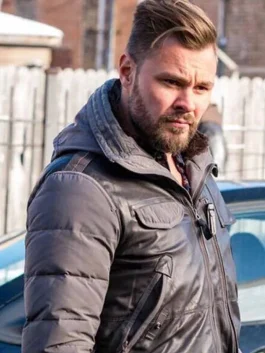 Chicago P.D Patrick John Flueger Hooded Leather Jacket side pose