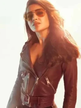 Front view of the Citadel 2023 Samantha Ruth Prabhu Jacket featuring asymmetrical zippers and a belted waist.