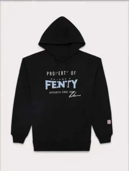 Front view of a black pullover hoodie featuring white and light blue text graphics on the chest.