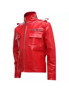 Flap Pocket Leather Jacket Red Men front