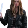 Women's fitted black leather motorcycle jacket with asymmetric zipper and wide lapels.