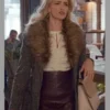 A woman wearing the Ginny & Georgia Miller Gray Shearling Coat with a prominent faux-fur collar.
