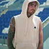 Juancho Hernangomez Hustle hoodie in an off-white sleeveless style. This Bo Cruz pullover hoodie is shown from the side, highlighting the athletic fit.
