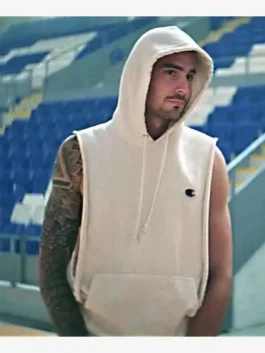 Juancho Hernangomez Hustle hoodie in an off-white sleeveless style. This Bo Cruz pullover hoodie is shown from the side, highlighting the athletic fit.