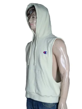 Side view of the Bo Cruz inspired cream hooded sweatshirt showing the deep armholes and structured fleece fabric.