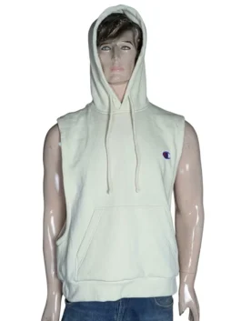Sleeveless Hustle Bo Cruz cream hoodie featuring a comfortable hood and front pouch pocket for an athletic streetwear look.