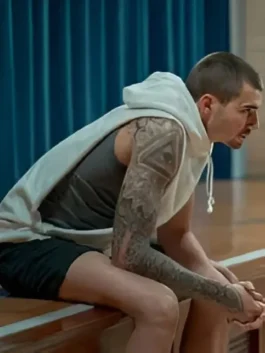 Bo Cruz Hustle movie hoodie in off-white featuring a sleeveless cut. Juancho Hernangomez wears this Bo Cruz pullover hoodie during a training scene.