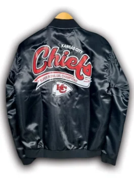 Satin-finish Kansas City Chiefs Black Bomber Jacket featuring Super Bowl LVII Champions branding.