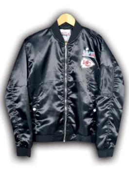 Rear view of a satin Kansas City Chiefs Black Bomber Jacket on a hanger.